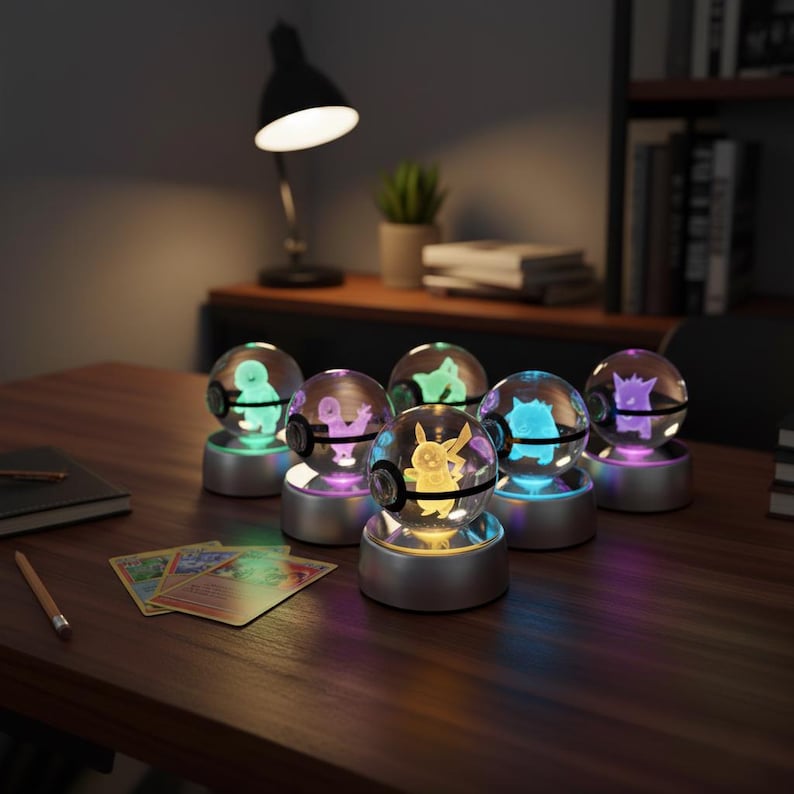 Lámpara Pokeball de Cristal 3D, Regalo Pokémon, Bola de Cristal Brillante, Escultura Decorativa de Anime, Regalo Pokémon Personalizado para Fans y Niños