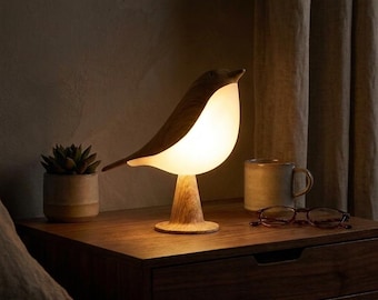 Lámpara de noche táctil con forma de pájaro, lámpara de mesita de noche con acabado de madera.