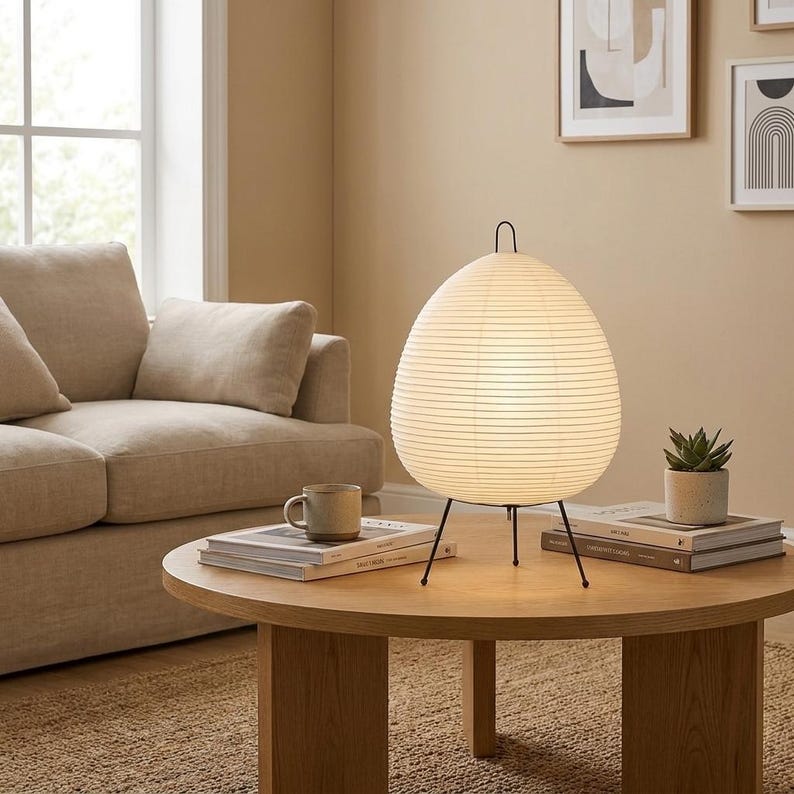May include: A modern, egg-shaped table lamp with a paper shade and black metal legs. The lamp sits on a round wooden coffee table, alongside books, a mug, and a small potted plant. The room has a neutral color palette.