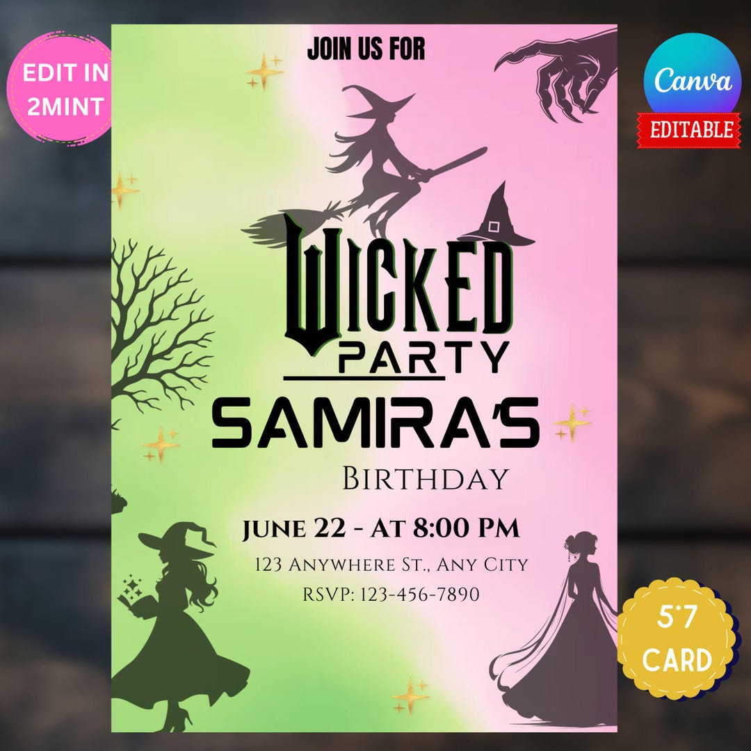 Witch Invite Wicked Birthday Party Invitation, Elphaba Glinda Theme, Editable Canva ...