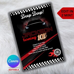 Raceauto verjaardagsuitnodiging piep piep, zwarte vlam ontwerp, canvas sjabloon, jongens 8e 9e 10e verjaardag racen uitnodigen, Instant Download