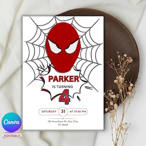 May include: A rectangular birthday invitation card featuring a red superhero mask graphic over a gray spiderweb pattern. The text reads: PARKER IS TURNING 4, SATURDAY 31 AT 07.00 PM, 123 Anywhere St., Any City, ST 12345. The design includes a comic-style speech bubble.
