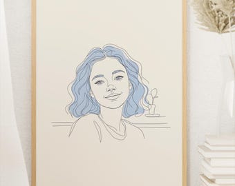 Ritratto minimalista con capelli blu, illustrazione femminile moderna