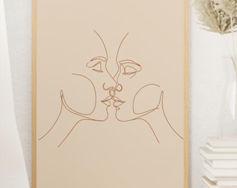 Minimal Line Art Lovers Kiss, Abstract Continuous Line Faces, Modern Romantic