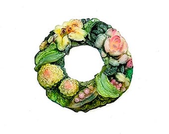 Floral Wreath Ring of Flowers Hand Painted Cabochon 35mm JB230