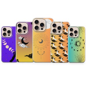 May include: A collection of five phone cases with celestial designs. The cases feature various patterns including moons, suns, clouds, and phases of the moon, in colors like purple, orange, yellow, and green. Each case has a different design.
