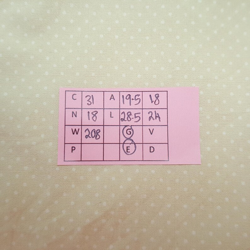 Pode incluir: Uma nota retangular de papel rosa com uma grade desenhada &agrave; m&atilde;o contendo letras e n&uacute;meros manuscritos. A grade exibe os caracteres C, 31, A, 19,5, 18, N, 18, L, 28,5, 24, W, 208, G, V, P, E e D, com as letras G e E circuladas a tinta.