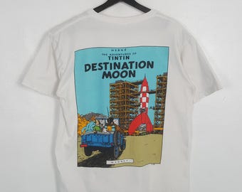 Vintage The Adventures Of Tintin Volume Destination Moon White Tshirt