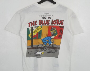 Vintage Tintin The Blue Lotus White Cartoon Tshirt