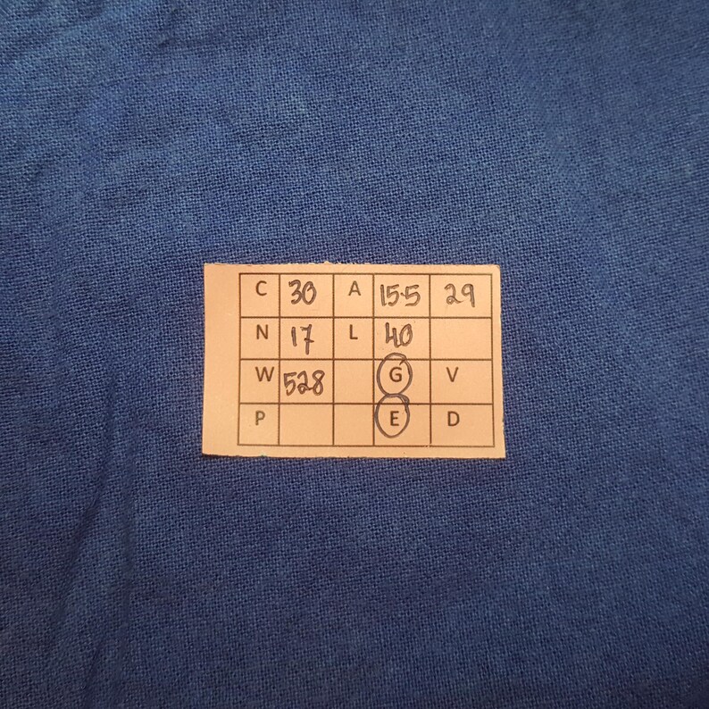 Puede incluir: Un fondo de tela azul con una etiqueta rectangular. La etiqueta tiene medidas y letras manuscritas, incluyendo "C 30", "A 15,5", "L 40" y "W 528". La tela tiene una apariencia texturizada.
