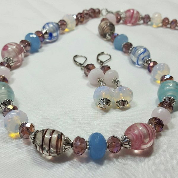 50% off! Glass Lampwork Jade Crystal Opalite Necklace & Earrings by MDJ Creations