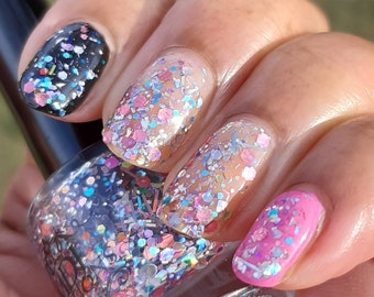 New! LE Ice Mountain holographic glitter bomb featuring silver pink purple & turquoise in a clear base by MDJ Creations