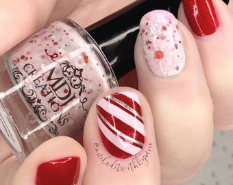 LE Peppermint Smoothie cream crelly nail polish with red pink silver holographic glitter by MDJ Creations