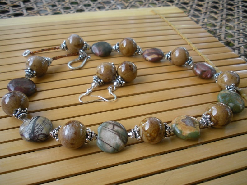 Picasso Jasper disc gemstones Ceramic beads with silver bead caps /& natural patterned gemstonesNecklace and matching Earrings Crystal