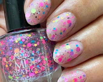 New! BALLOON FIGHT neon glitter bomb glows in uv light spectrum black light reactive indie nail polish by MDJ Creations