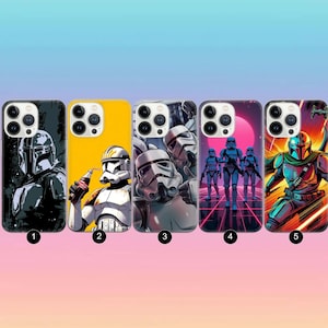 May include: Five phone cases with Star Wars-themed designs. The cases feature images of characters like the Mandalorian and Stormtroopers. The color palette includes black, yellow, blue, and red, with a gradient background.
