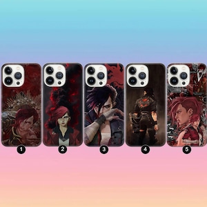 May include: Five phone cases with character art. The cases feature images of a character with red hair and various backgrounds. The cases are numbered 1 to 5. The backgrounds include red, black, and grey tones.