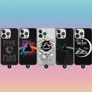May include: A collection of five phone cases featuring Pink Floyd album art. Designs include the iconic prism, a brick wall with a prism, and the band's logo. Cases are black with colorful graphics and text.