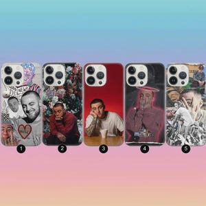 May include: Five phone cases with different designs featuring images of a musician. The cases have a clear camera lens opening and a variety of backgrounds, including a red background and a floral design. Each case has a different image of the musician.