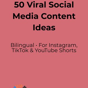 Könnte beinhalten: Korallfarbene Grafik mit dem Text "50 Viral Social Media Content Ideas". Darunter steht "Bilingual • Für Instagram, TikTok & YouTube Shorts". Unten befindet sich ein Logo. Der Text ist fett und ohne Serifen.