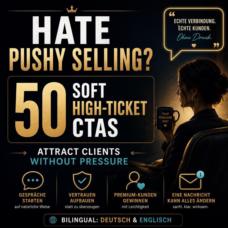 May include: A promotional graphic with the text "HATE PUSHY SELLING?" and "50 SOFT HIGH-TICKET CTAS". It also includes the phrase "ATTRACT CLIENTS WITHOUT PRESSURE" and icons with German and English text. A woman is holding a mug.