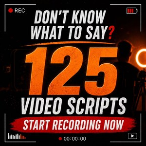 Könnte beinhalten: Schwarz-oranges Grafikdesign mit dem Text "DON'T KNOW WHAT TO SAY? 125 VIDEO SCRIPTS START RECORDING NOW." Das Bild enthält ein REC-Symbol und einen Timer, der 00:00:00 anzeigt.