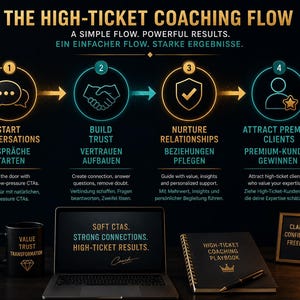 May include: An infographic titled "The High-Ticket Coaching Flow" with four steps: Start Conversations, Build Trust, Nurture Relationships, and Attract Premium Clients. Includes a laptop, mug, notebook, and framed sign with text.