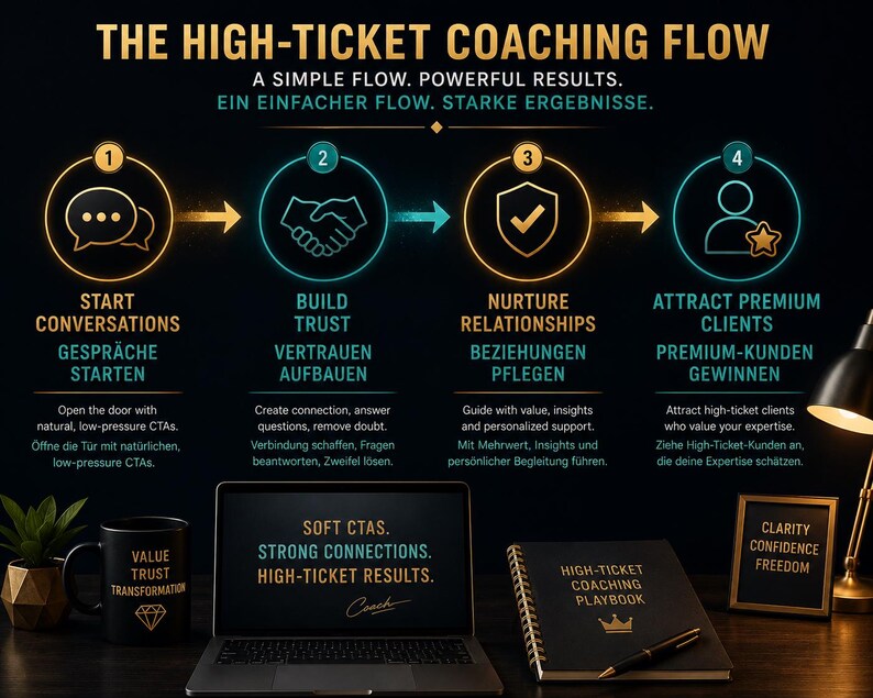 May include: An infographic titled "The High-Ticket Coaching Flow" with four steps: Start Conversations, Build Trust, Nurture Relationships, and Attract Premium Clients. Includes a laptop, mug, notebook, and framed sign with text.
