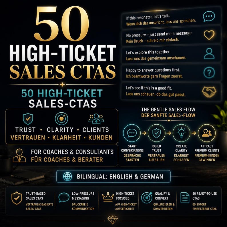 May include: An infographic with the text "50 HIGH-TICKET SALES CTAS" in gold lettering. The image includes icons and phrases in English and German, such as "Trust," "Clarity," and "Clients." It is designed for coaches and consultants.