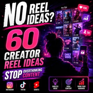 May include: A promotional graphic with the text "NO REEL IDEAS?" and "60 CREATOR REEL IDEAS." The image features a person looking at a phone displaying social media content, with icons for Instagram, TikTok, and YouTube Shorts.