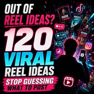 May include: A digital graphic with the text "OUT OF REEL IDEAS? 120 VIRAL REEL IDEAS STOP GUESSING WHAT TO POST." The image features a person holding a phone with social media app icons and reel examples.