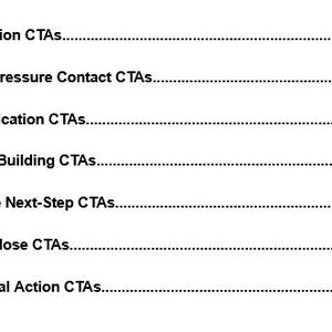 May include: A document with a white background and black text. The text is organized into seven clusters, each with a title and a page number. The titles include "Invitation CTAs," "Low-Pressure Contact CTAs," and "Minimal Action CTAs."