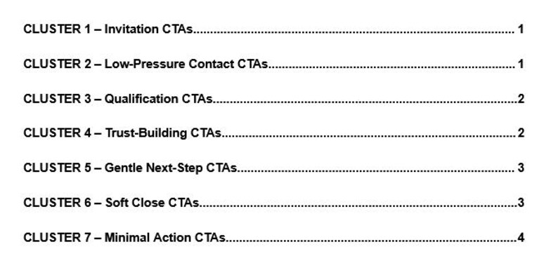 May include: A document with a white background and black text. The text is organized into seven clusters, each with a title and a page number. The titles include "Invitation CTAs," "Low-Pressure Contact CTAs," and "Minimal Action CTAs."