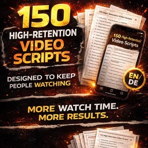 Könnte beinhalten: Werbebild mit dem Text "YOUR VIDEOS LOSE VIEWERS FAST" und "150 HIGH-RETENTION VIDEO SCRIPTS". Ein Smartphone zeigt eine Skriptliste an. Das Bild enthält auch den Text "DESIGNED TO KEEP PEOPLE WATCHING" und "MORE WATCH TIME. MORE RESULTS."