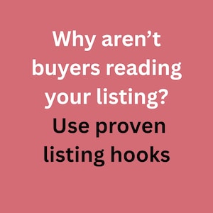 Könnte beinhalten: Ein rosa Hintergrund mit weißem und schwarzem Text. Der Text lautet: „Warum lesen Käufer Ihre Anzeige nicht? Verwenden Sie bewährte Listing-Hooks.“