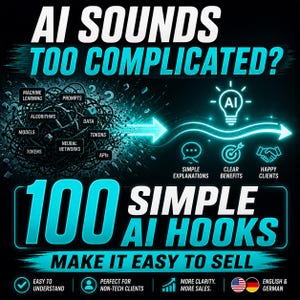Könnte beinhalten: Schwarze Grafik mit weißem und türkisem Text. Sie lautet "AI SOUNDS TOO COMPLICATED?" und "100 SIMPLE AI HOOKS." Das Bild enthält Symbole und Sätze wie "Simple Explanations" und "Clear Benefits."