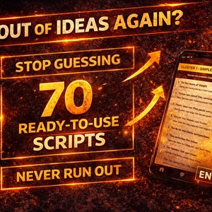 Puede incluir: Gráfico digital con el texto "OUT OF IDEAS AGAIN?" y "70 READY-TO-USE SCRIPTS". Un teléfono inteligente muestra una lista titulada "CLUSTER 1-SIMPLE STARTS". La imagen tiene una combinación de colores naranja y negro.
