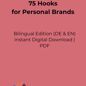 Könnte beinhalten: Titelbild eines digitalen Download-Produkts mit dem Titel "75 Hooks for Personal Brands" in schwarzem Text auf einem lachsfarbenen Hintergrund. Der Einband enthält auch den Text "Bilingual Edition (DE & EN) Instant Digital Download | PDF". Das Logo von "Supertech Media" befindet sich unten.