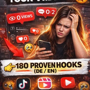 Könnte beinhalten: Werbebild mit der Frage "WHY DOES NOBODY YOUR VIIDEOS?" und einer besorgten Frau, die ein Telefon hält. Das Bild enthält Social-Media-Symbole für TikTok, Reels und Shorts mit dem Text "180 PROVEN HOOKS (DE/EN)".