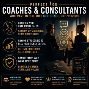 May include: An advertisement for coaches and consultants, featuring text and illustrations. The text reads "Perfect for Coaches & Consultants who want to sell with confidence, not pressure." The image includes icons and phrases like "More Qualified Conversations" and "Build Real Trust."