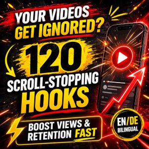 Könnte beinhalten: Werbegrafik mit dem Text "WERDEN IHRE VIDEOS IGNORIERT?" und "120 SCROLL-STOPPING HOOKS." Ein Smartphone zeigt ein Video mit einer Wiedergabetaste und einem nach oben gerichteten Pfeil. Die Grafik enthält auch den Text "STEIGERN SIE IHRE AUFRUFE & BINDUNG SCHNELL" und "EN/DE ZWEISPRACHIG."