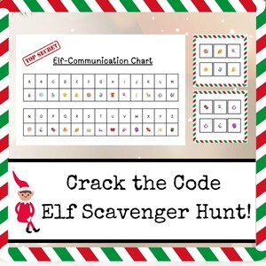 Op de afbeelding: Een kerst-thema print met een rood en groene rand. Het ontwerp bevat een "Elf-Communicatiekaart" en een "Crack the Code Elf Scavenger Hunt!" spel, met een cartoon elf en diverse symbolen.