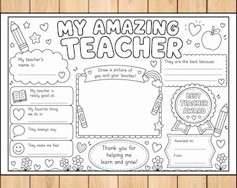 Afdrukbare kleurplaat Teacher Appreciation | Bedankkaart leraar | Cadeau leraar eindejaar | Werkblad invullen | Klasactiviteit