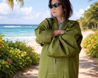 Hand-Stitched Olive Green Kimono Duster Coat –  Vintage Silk, Artwear from Japanese Textile - Vintage Kimono Fabric - One of a Kind Jacket