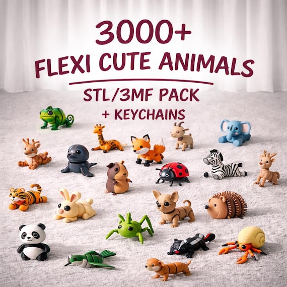 3000+ Flexi Cute Animals STL Bundle | 3D Print Files | STL & 3MF Pack + Keychains
