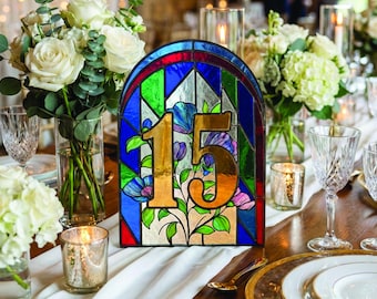 Plantilla de números de mesa con efecto vitral 5x7 (números de mesa del 1 al 28) – Números de mesa para bodas, diseño de arco imprimible, decoración de boda DIY