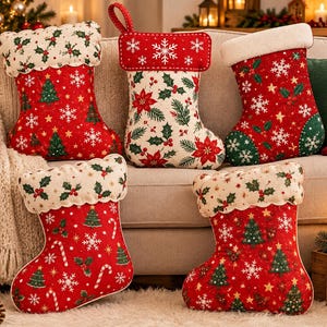May include: Five Christmas stockings featuring festive holiday patterns. The stockings display red and cream fabric with prints of green pine trees, white snowflakes, holly berries, poinsettias, and candy canes, finished with plush white cuffs.