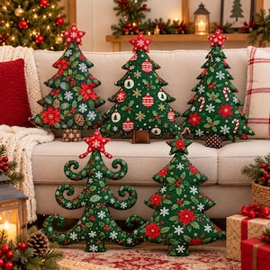 May include: Five decorative Christmas tree-shaped cushions in various green fabric patterns featuring poinsettias, snowflakes, pinecones, and ornaments. Each cushion is topped with a small red star and has a brown fabric base.