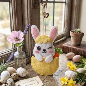 May include: A felt Easter bunny ornament winking from a yellow eggshell, holding a carrot. The bunny has pink-lined ears and rosy cheeks. The ornament hangs from a pink and white string. The words "Springtime Wishes" are on a tag.