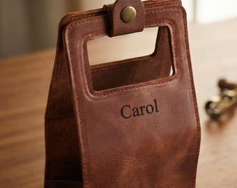 Personalized Leather Wine Holder, Handcrafted Single Bottle Carrier